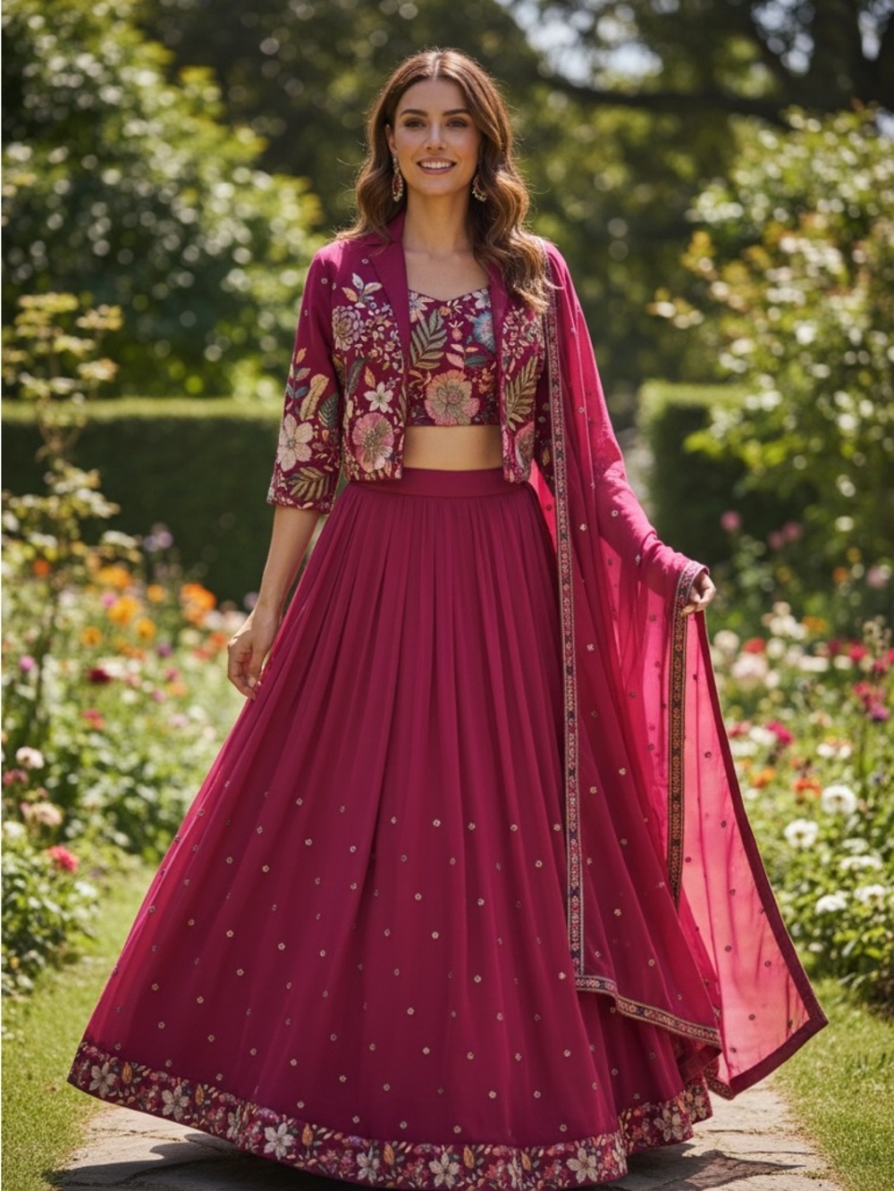 Floral Embroidered red Lehenga Skirt Set